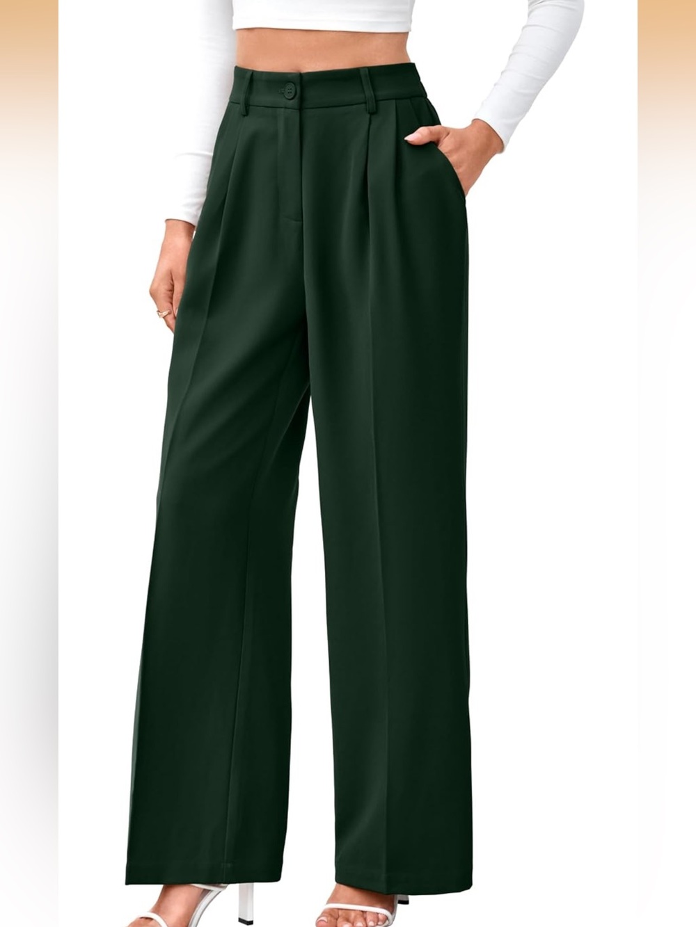 Wide-Leg High-Waist Pants in Dark Green - Short Length